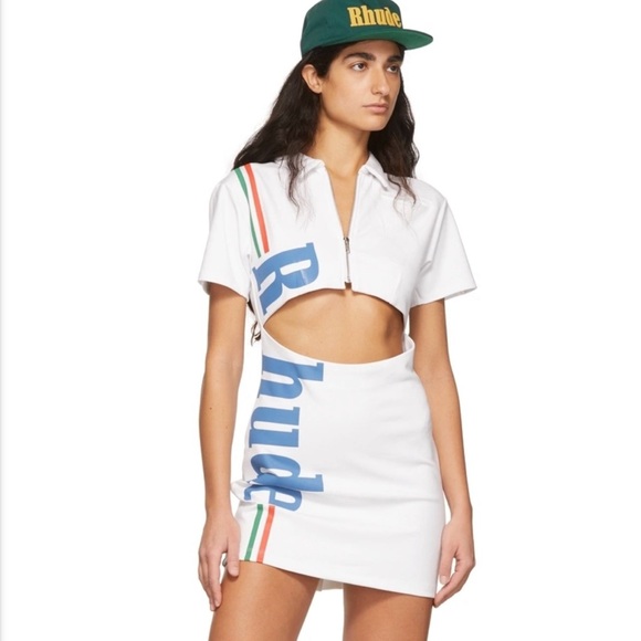 RHUDE MINI DRESS WHITE COTTON BLUE LOGO SIZE LARGE - Picture 1 of 15